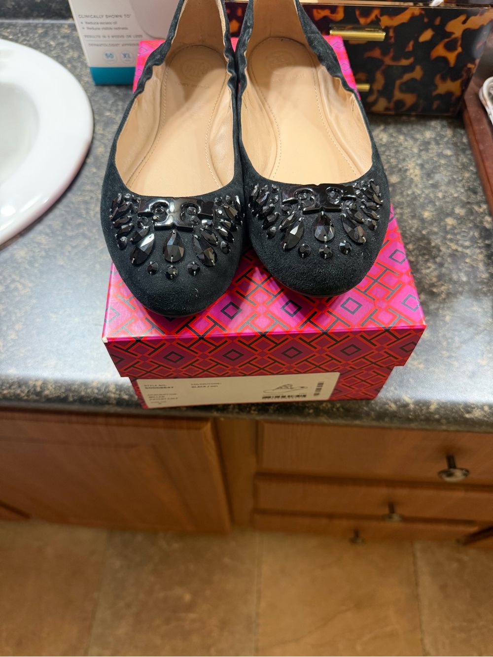 Tory Burch Black Embellished Suede Ballet Flats - Picture 6 of 6
